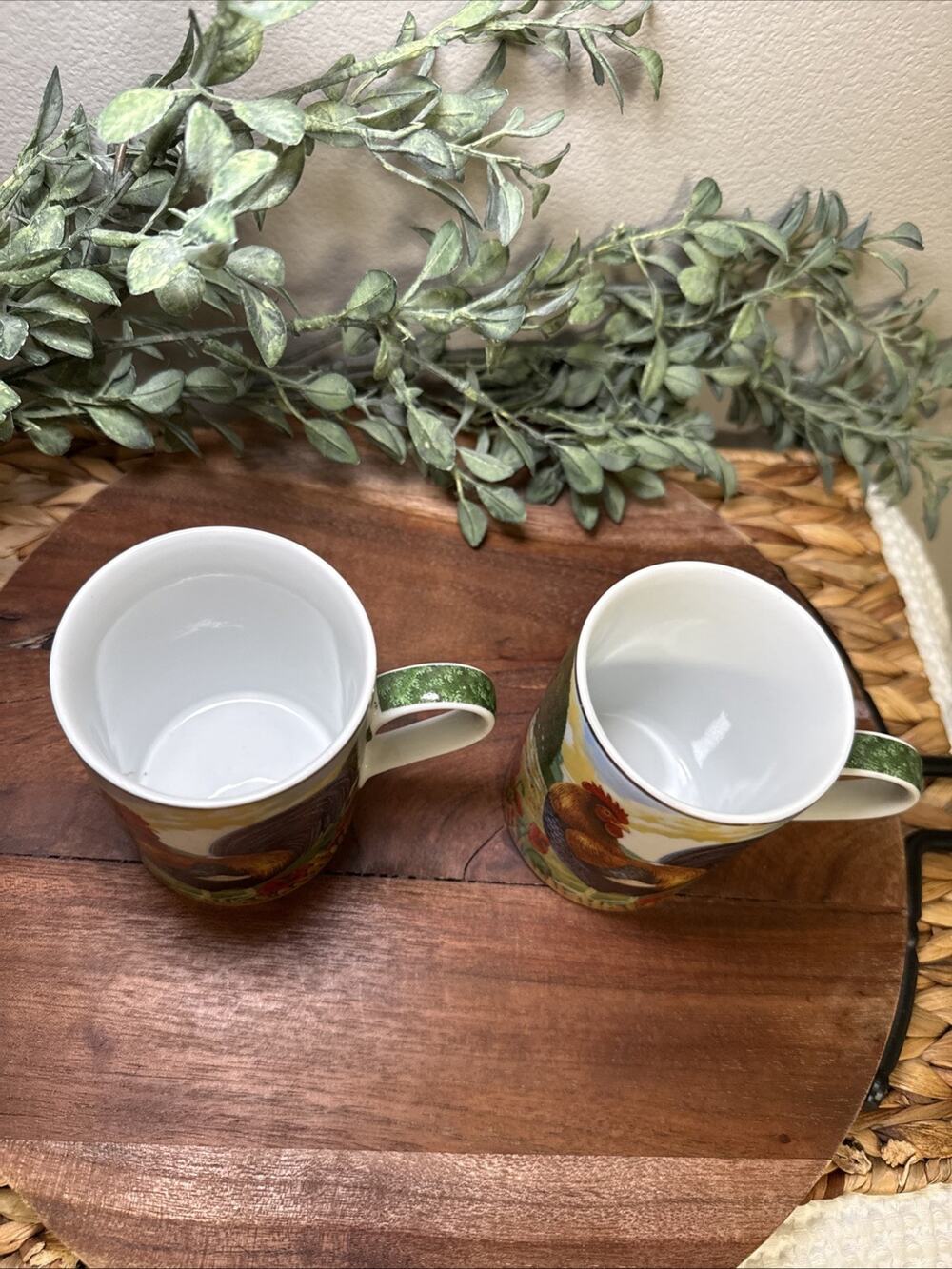 Department Dept 56 ROOSTER Farm Poppies 8 oz. Ceramic Coffee Mug Set 2 Gold Rim